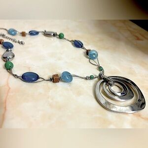 Silver and Blue Beaded Pendant Necklace